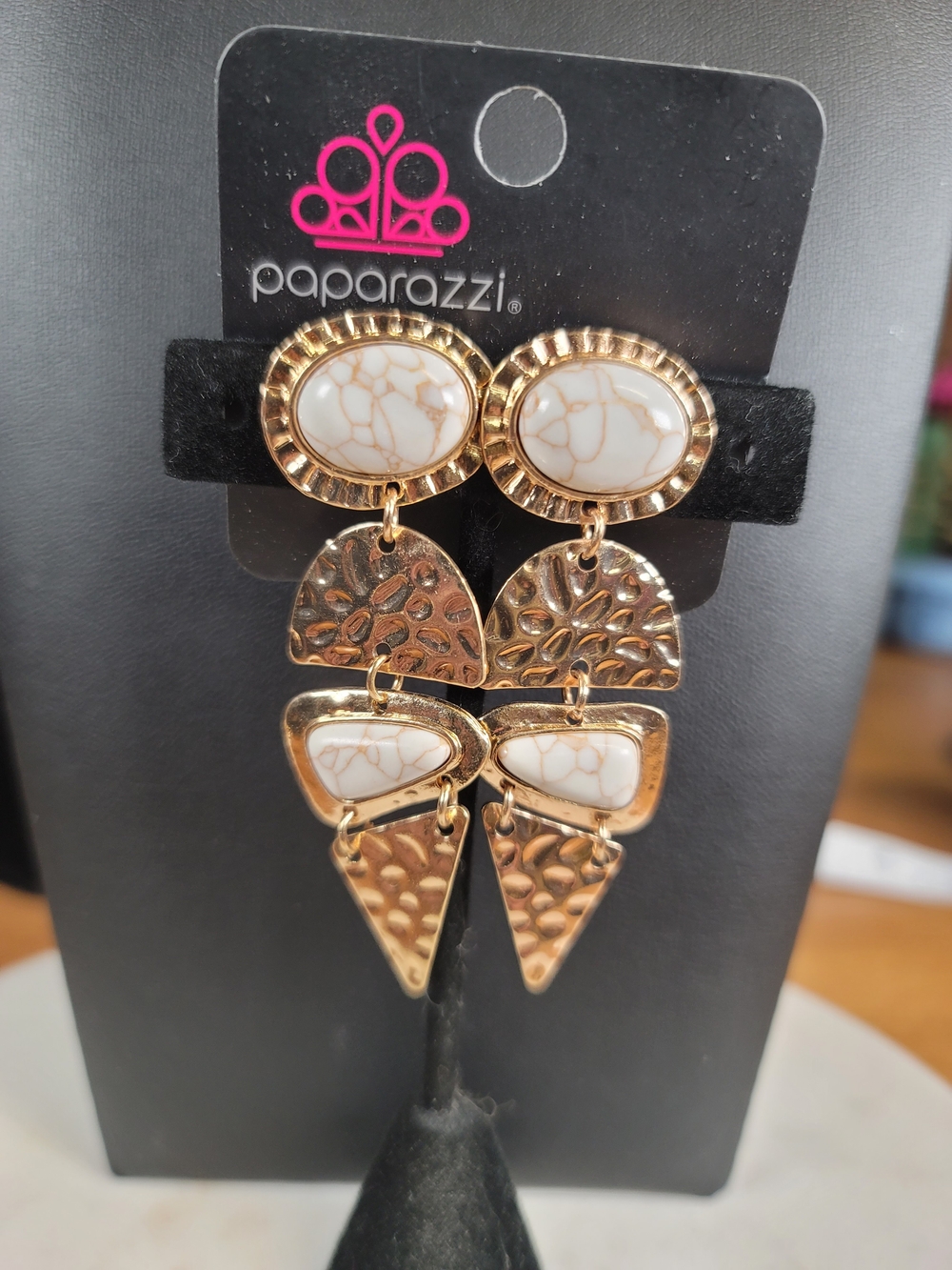 Paparazzi Gold and White Marble-Link Dangle Earrings